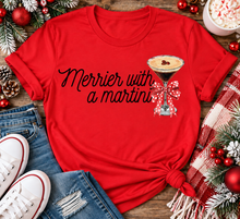 Load image into Gallery viewer, Merrier with a Martini holiday graphic apparel mockup.