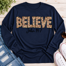 Load image into Gallery viewer, Believe John 14:7 leopard print Christian graphic shirt available in short sleeve crewneck, V-neck, long sleeve and hoodie styles.