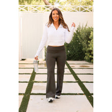 Load image into Gallery viewer, High-waisted charcoal bootcut leggings with pockets by Julia Rose, Julia Rose women’s charcoal flared leggings lifestyle image