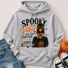 Load image into Gallery viewer, Spooky Vibes Halloween graphic hoodie featuring coffee, candy, pumpkin and leopard print fall design