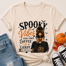 Load image into Gallery viewer, Spooky Vibes Halloween graphic V-neck tee with coffee, candy, pumpkin and leopard print design