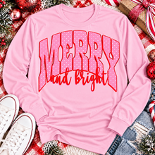 Load image into Gallery viewer, Merry and Bright Christmas graphic apparel with oversized pink polka dot lettering and festive holiday design