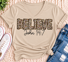 Load image into Gallery viewer, Believe John 14:7 leopard print Christian graphic shirt available in short sleeve crewneck, V-neck, long sleeve and hoodie styles.