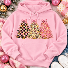 Load image into Gallery viewer, Pink leopard and checkered Christmas trees graphic apparel for women in pink and black