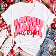 Load image into Gallery viewer, Merry and Bright Christmas graphic apparel with oversized pink polka dot lettering and festive holiday design