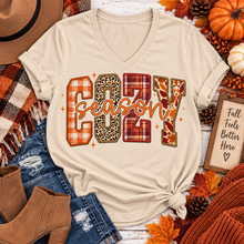 Load image into Gallery viewer, Cream V-neck Cozy Season fall graphic tee featuring plaid, leopard and leaf print design
