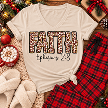 Load image into Gallery viewer, FAITH Ephesians 2:8 leopard print Christian graphic apparel for women in beige and red