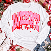 Load image into Gallery viewer, Merry and Bright Christmas graphic apparel with oversized pink polka dot lettering and festive holiday design