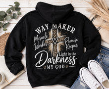 Load image into Gallery viewer, Back: Black Way Maker Christian hoodie featuring a leopard print cross with Miracle Worker, Promise Keeper, Light in the Darkness and My God lettering.