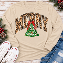 Load image into Gallery viewer, MERRY leopard print Christmas tree graphic apparel for women in black, red and beige