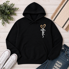 Load image into Gallery viewer, Front: Black Christian hoodie with a small white Jesus script and brown heart design on the front chest.