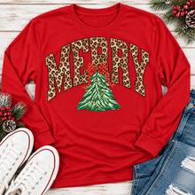 Load image into Gallery viewer, MERRY leopard print Christmas tree graphic apparel for women in black, red and beige