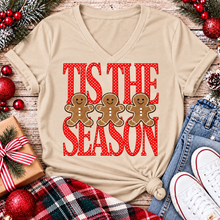 Load image into Gallery viewer, Tis the Season Christmas graphic apparel featuring red polka dot lettering and three gingerbread cookies