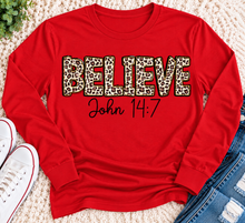 Load image into Gallery viewer, Believe John 14:7 leopard print Christian graphic shirt available in short sleeve crewneck, V-neck, long sleeve and hoodie styles.