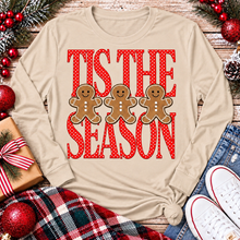 Load image into Gallery viewer, Tis the Season Christmas graphic apparel featuring red polka dot lettering and three gingerbread cookies