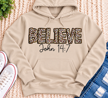 Load image into Gallery viewer, Believe John 14:7 leopard print Christian graphic shirt available in short sleeve crewneck, V-neck, long sleeve and hoodie styles.
