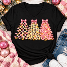 Load image into Gallery viewer, Pink leopard and checkered Christmas trees graphic apparel for women in pink and black