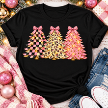 Load image into Gallery viewer, Pink leopard and checkered Christmas trees graphic apparel for women in pink and black