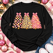 Load image into Gallery viewer, Pink leopard and checkered Christmas trees graphic apparel for women in pink and black