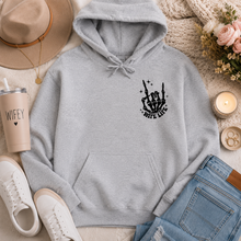 Load image into Gallery viewer, Gray graphic hoodie featuring a small black skeleton hand and āWife Lifeā design on the front chest.