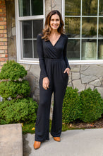 Load image into Gallery viewer, Onward & Upward Faux Wrap Jumpsuit In Black