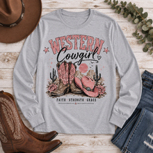 Load image into Gallery viewer, Western Cowgirl graphic long sleeve crewneck tee with pink boots, cowboy hat and desert design
