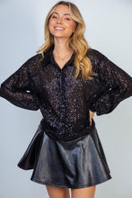 Load image into Gallery viewer, Sequin Mesh Knit Button Down Top in Black
