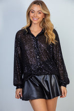Load image into Gallery viewer, Sequin Mesh Knit Button Down Top in Black
