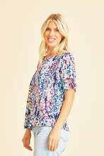 Load image into Gallery viewer, Short Sleeve Yellow Lilly Floral Scoop Neck Top in Navy/Purple
