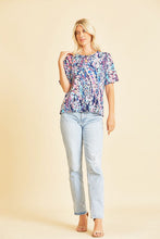 Load image into Gallery viewer, Short Sleeve Yellow Lilly Floral Scoop Neck Top in Navy/Purple
