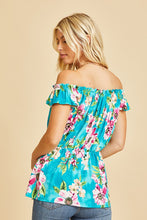 Load image into Gallery viewer, Off Shoulder Short Sleeve Top with Ruffles in Teal/Magenta
