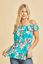 Load image into Gallery viewer, Off Shoulder Short Sleeve Top with Ruffles in Teal/Magenta
