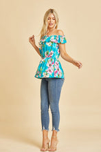 Load image into Gallery viewer, Off Shoulder Short Sleeve Top with Ruffles in Teal/Magenta
