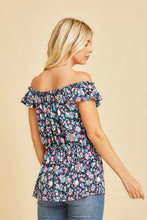 Load image into Gallery viewer, Off Shoulder Short Sleeve Top with Ruffles in Navy/N Pink
