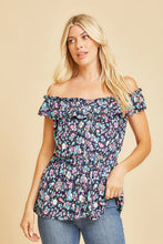 Load image into Gallery viewer, Off Shoulder Short Sleeve Top with Ruffles in Navy/N Pink
