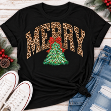 Load image into Gallery viewer, MERRY leopard print Christmas tree graphic apparel for women in black, red and beige
