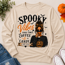 Load image into Gallery viewer, Spooky Vibes Halloween graphic long sleeve crewneck tee with coffee, pumpkin and leopard print design
