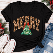 Load image into Gallery viewer, MERRY leopard print Christmas tree graphic apparel for women in black, red and beige
