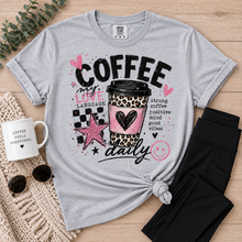 Load image into Gallery viewer, Coffee My Love Language graphic crew neck tee with pink and leopard print coffee cup design
