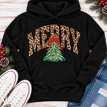 Load image into Gallery viewer, MERRY leopard print Christmas tree graphic apparel for women in black, red and beige
