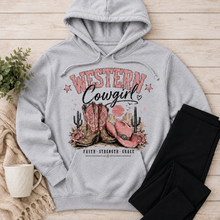 Load image into Gallery viewer, Western Cowgirl graphic hoodie featuring pink cowboy boots, cowboy hat and Faith Strength Grace design
