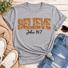Load image into Gallery viewer, Believe John 14:7  leopard print Christian graphic shirt available in short sleeve crewneck, V-neck, long sleeve and hoodie styles.
