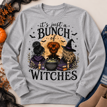 Load image into Gallery viewer, Bunch of Witches Halloween graphic long sleeve crewneck tee with witches and cauldron
