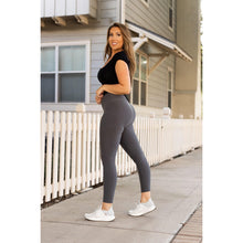 Load image into Gallery viewer, Julia Rose The Carmen charcoal full-length leggings with pockets, Women wearing charcoal leggings with side pockets
