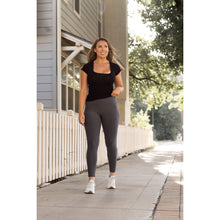 Load image into Gallery viewer, Julia Rose The Carmen charcoal full-length leggings with pockets, Women wearing charcoal leggings with side pockets
