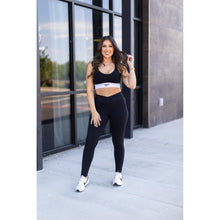 Load image into Gallery viewer, Julia Rose Stephanie crossover black pocket leggings, Women wearing black crossover leggings
