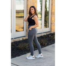 Load image into Gallery viewer, Julia Rose The Carmen charcoal full-length leggings with pockets, Women wearing charcoal leggings with side pockets
