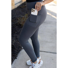 Load image into Gallery viewer, Julia Rose The Carmen charcoal full-length leggings with pockets, Women wearing charcoal leggings with side pockets
