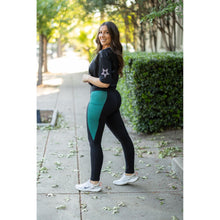 Load image into Gallery viewer, Julia Rose Gracie Green Panel Full Length Leggings women’s boutique leggings front view, Woman wearing Julia Rose Gracie leggings with green panel detail
