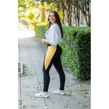 Load image into Gallery viewer, Julia Rose Yasmine Yellow Panel Full Length Leggings women’s boutique leggings front view, Woman wearing Julia Rose Yasmine leggings with yellow panel detail
